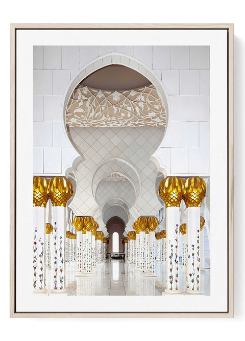 Minimalist line art print of the Sheikh Zayed Grand Mosque gold pillars.