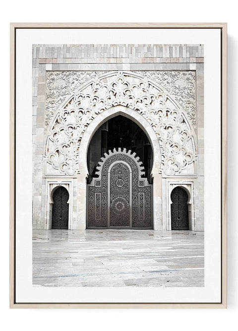 Minimalist line art print of the ornate Hassan II Mosque gate in Casablanca.