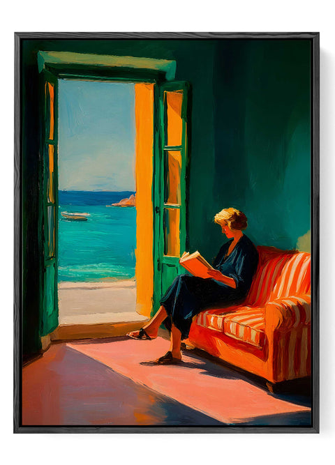 Minimalist line art print of a woman reading on a terrace with a sea view.