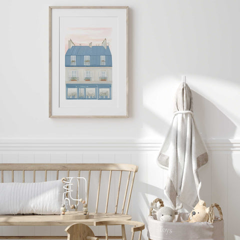 Minimalist living room poster with a soft grey, white, and charcoal color palette.