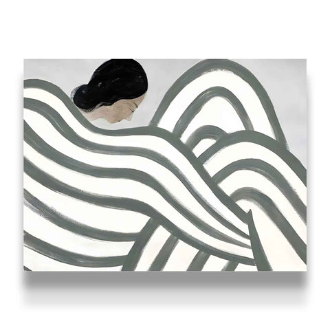 Minimalist living room poster with a sophisticated geometric and portrait theme.