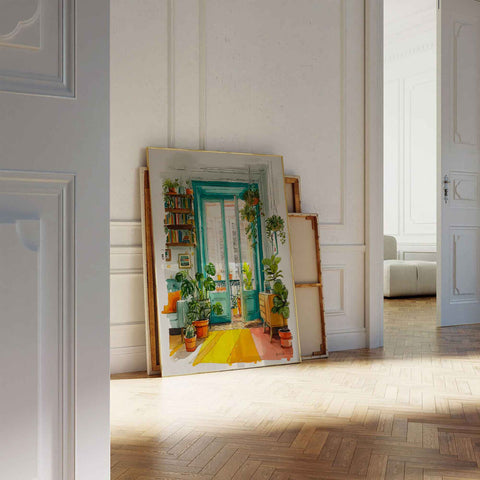 Minimalist living room poster with a vibrant teal and emerald green color palette.