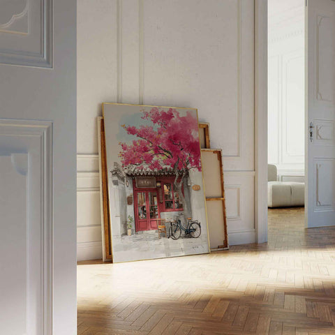 Minimalist living room poster with a warm neutral and vibrant pink color palette.