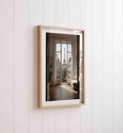 Minimalist living room poster with an iconic Paris landmark and balcony theme.
