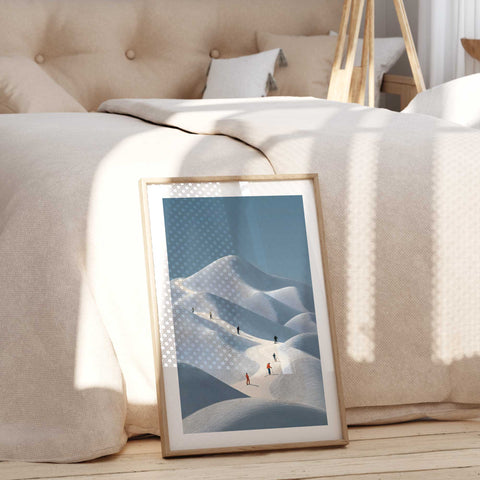 Minimalist Skiers in Snow Dunes Print – Modern Winter Landscape Wall Art - oakposter