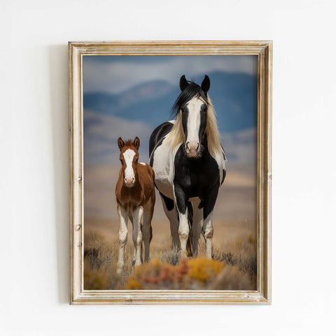 Minimalist nursery poster with a heartwarming mother and baby horse theme.