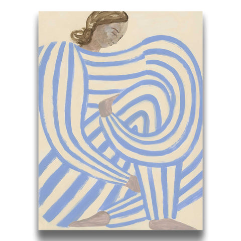 Minimalist portrait with blue fluid stripes on a beige background.