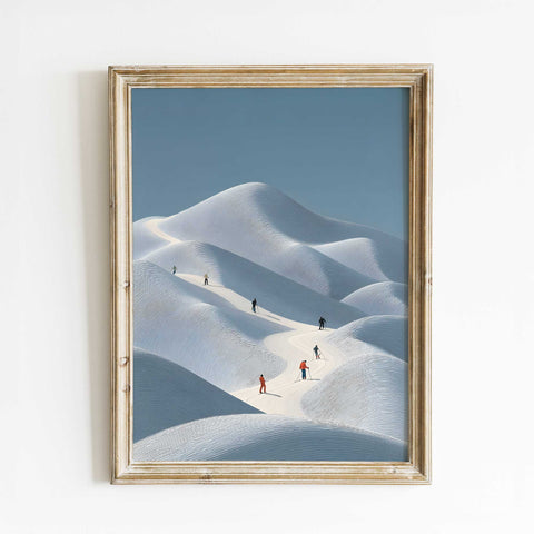 Minimalist Skiers in Snow Dunes Print – Modern Winter Landscape Wall Art - oakposter