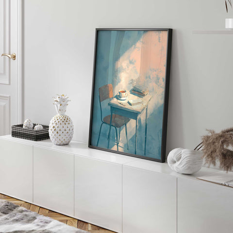 Minimalist study desk watercolor artwork