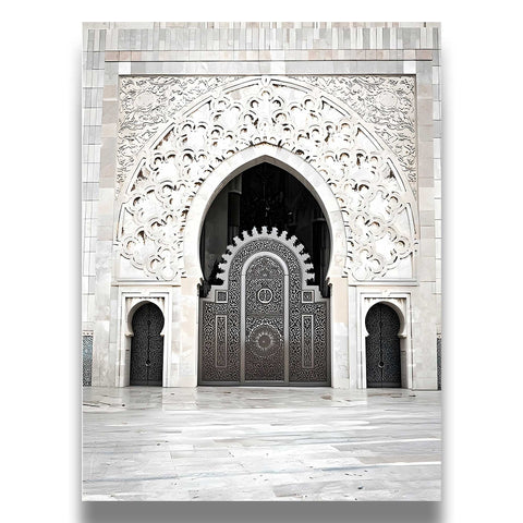 Minimalist travel poster with a focus on majestic Moroccan mosque architecture.