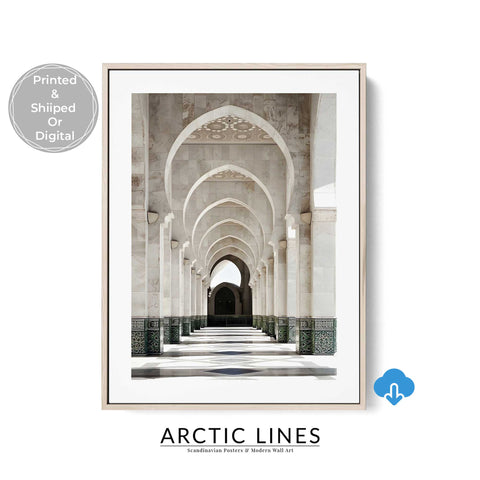 Minimalist travel poster with a focus on serene architectural symmetry.