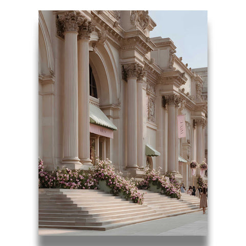 Minimalist travel poster with pink cherry blossoms and classical architecture.