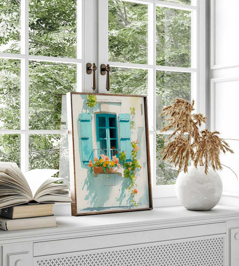 Minimalist white building painting with orange blossoms and blue window