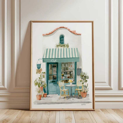 Minimalist white coffee shop painting with green plants and awning