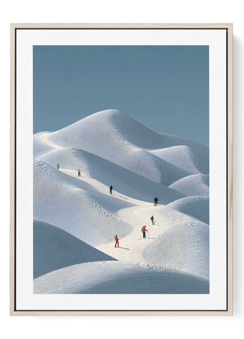 Minimalist Skiers in Snow Dunes Print – Modern Winter Landscape Wall Art - oakposter