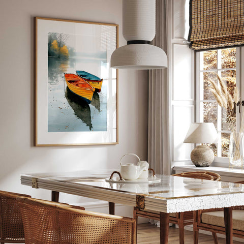 Misty morning rowboats art poster