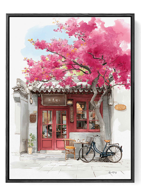 Modern Asian-inspired wall decor featuring pink bougainvillea and a hutong scene.