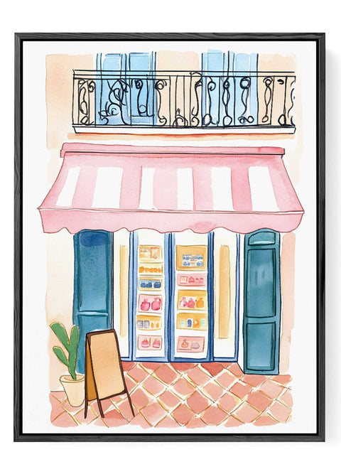 Modern European street scene wall decor featuring a French café facade.