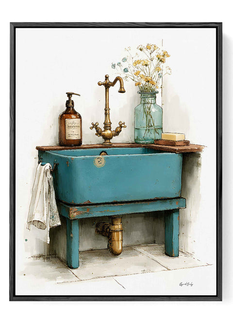 Modern French Country bathroom wall decor featuring a vintage teal sink.