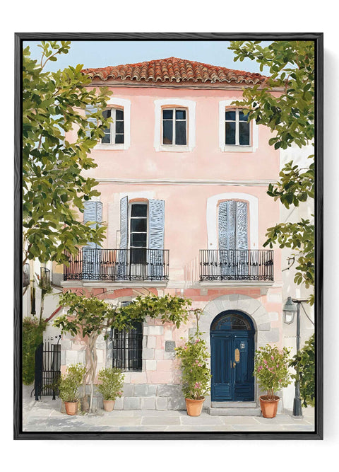 Modern French Riviera wall decor featuring a classic European facade illustration.