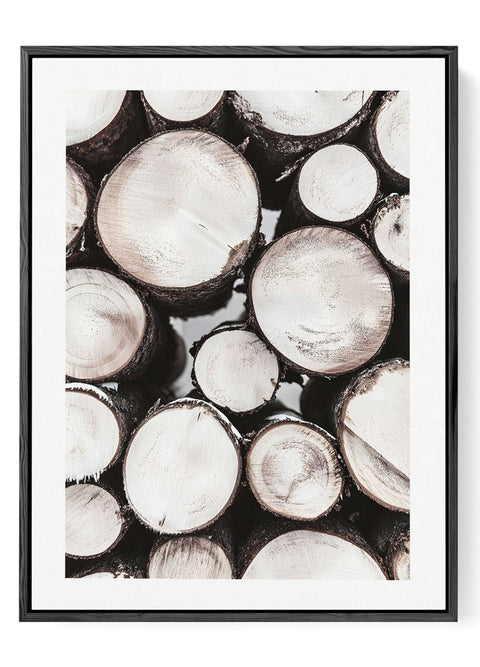 Modern Nordic wall decor featuring organic wood grain textures and rings.