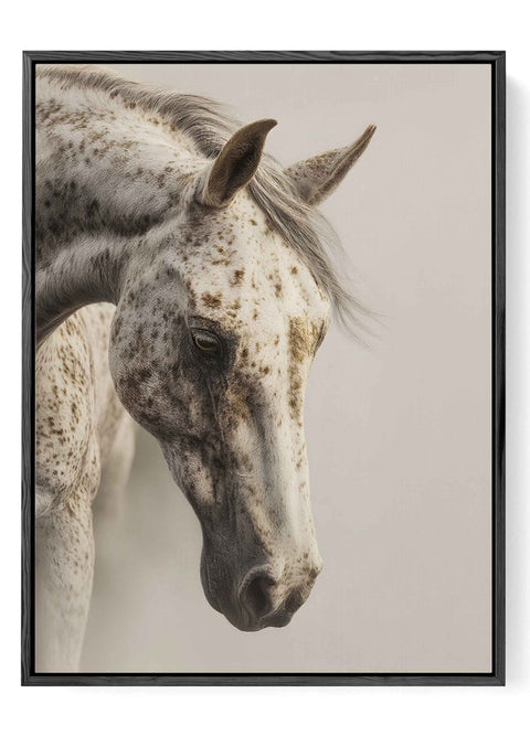 Modern Scandinavian equine wall decor featuring a spotted horse portrait.