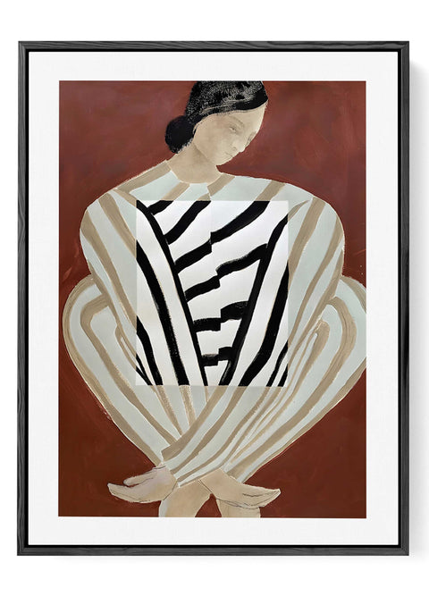 Modern abstract portrait wall decor featuring high-contrast black and white stripes.