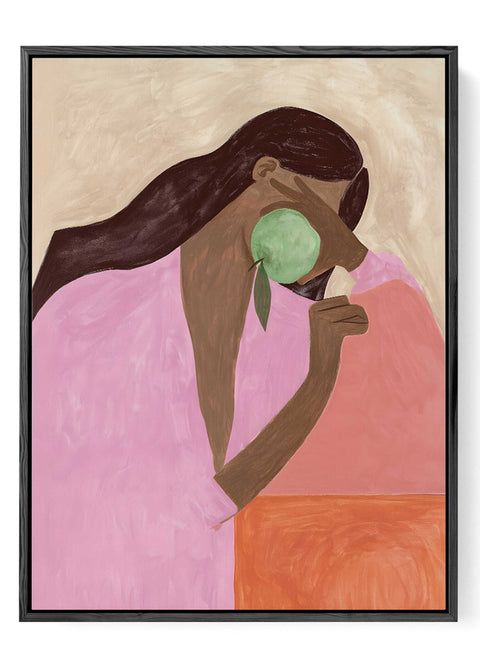 Modern abstract portrait wall decor with a pink and orange sky background.