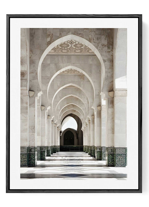 Modern architectural wall decor featuring infinite arches and white pillars.