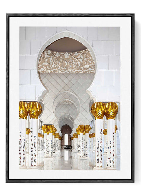 Modern architectural wall decor featuring white arches and gold floral details.
