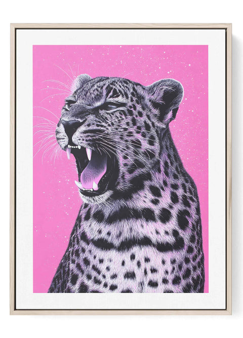 Modern art print of a leopard with a bold neon pink and black color scheme.