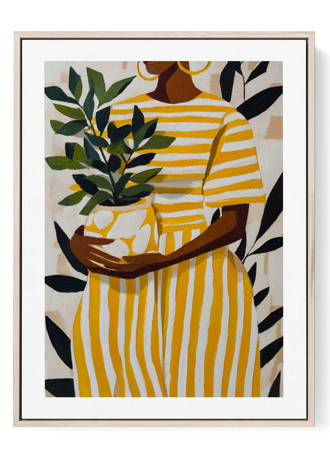 Modern art print of a stylish woman wearing a yellow and white striped dress.