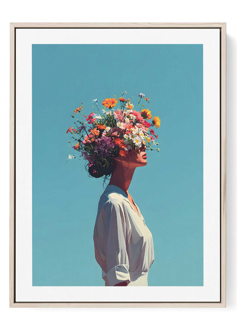 Modern art print of a woman wearing a vibrant, colorful flower crown.