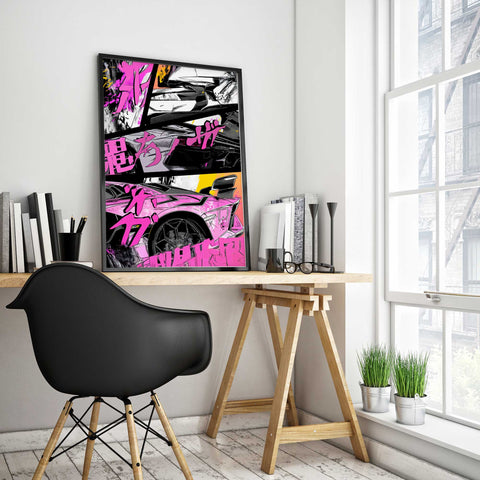 Modern automotive poster with vibrant manga car graphics