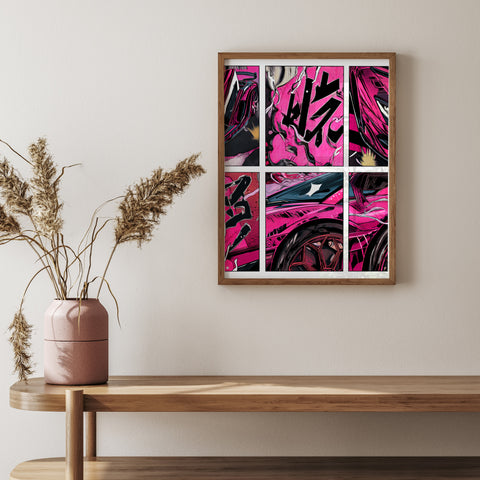 Modern automotive poster with vibrant pink manga car graphics