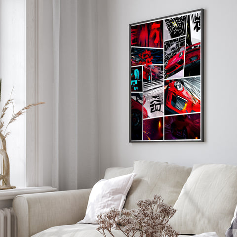 Modern automotive wall art featuring red Porsche 911 comic illustration