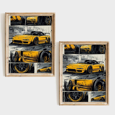 Modern automotive wall art with yellow Honda NSX illustration