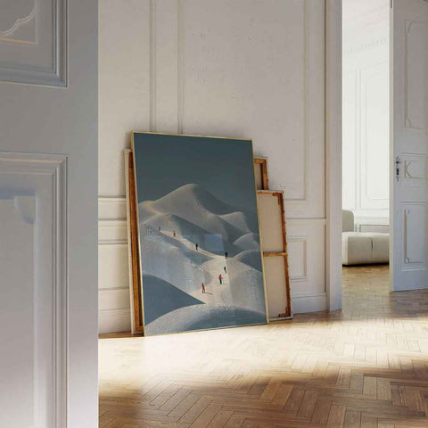 Minimalist Skiers in Snow Dunes Print – Modern Winter Landscape Wall Art - oakposter