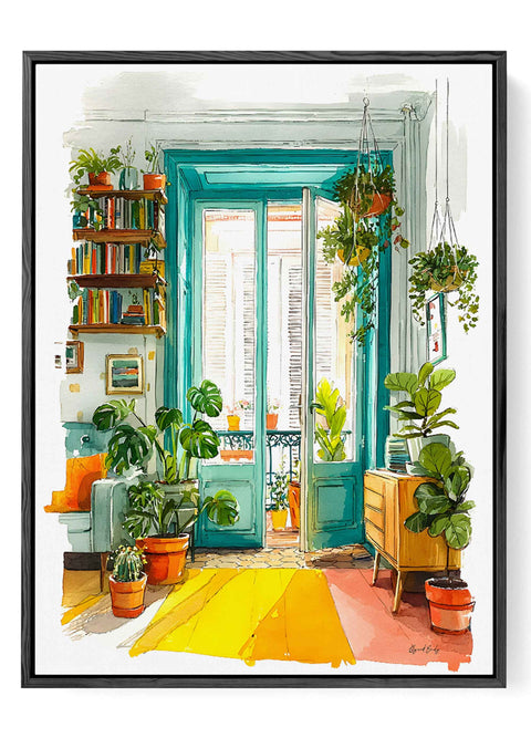 Modern boho wall decor featuring a turquoise balcony and terracotta flower pots.