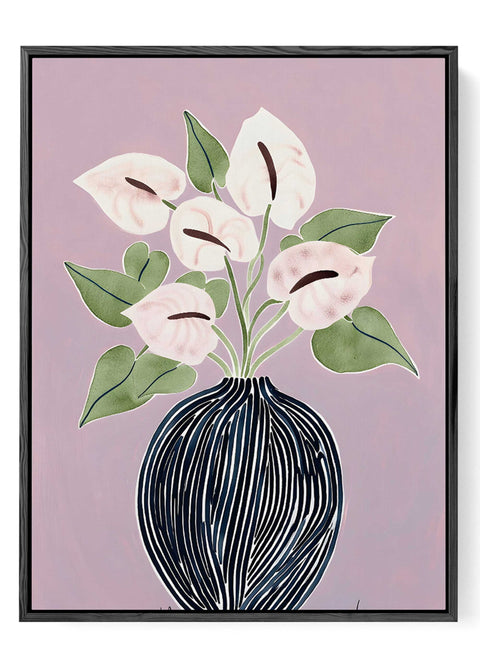 Modern botanical artwork featuring cream calla lilies in decorative blue vase