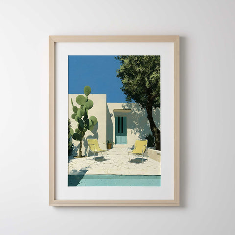 Modern coastal art print with sunny courtyard scene