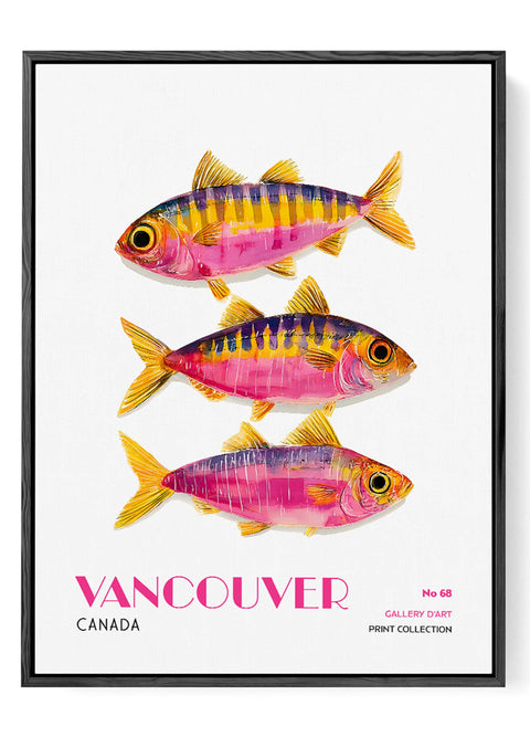 Modern coastal artwork pink yellow fish design