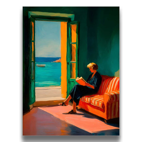 Modern coastal wall decor featuring a bright yellow door and turquoise ocean.
