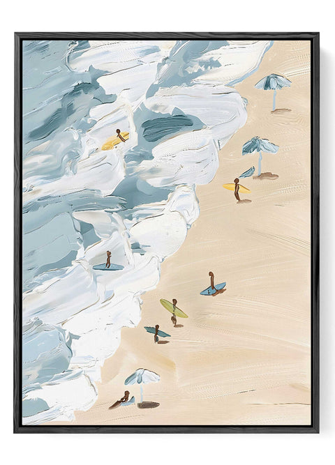 Modern coastal wall decor featuring tiny surfers, umbrellas, and turquoise waves.