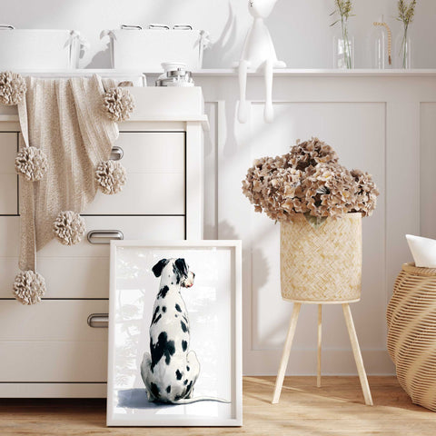 Modern dog wall art with high contrast black and white spots design