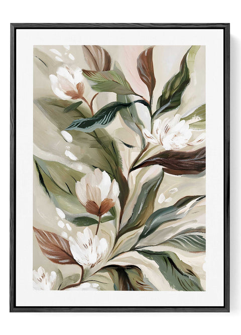 Modern farmhouse floral painting in a neutral and calming color palette.