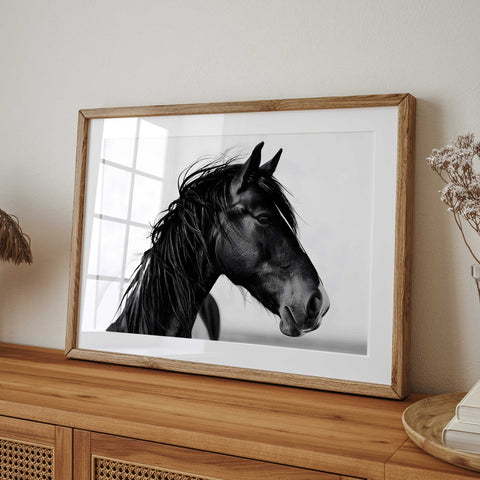 Modern farmhouse wall art featuring a majestic black horse.