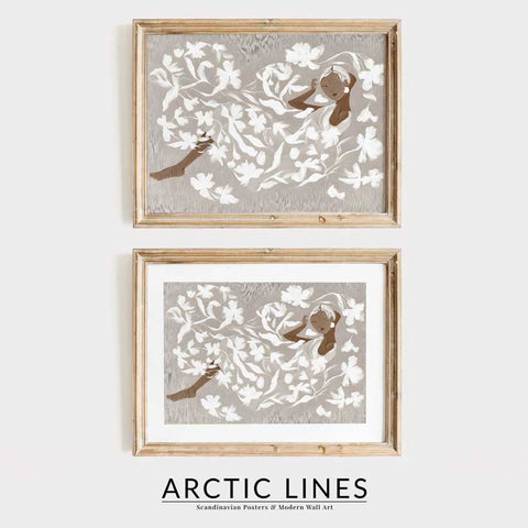 Modern figurative art print of a woman with white flowers for a bedroom.