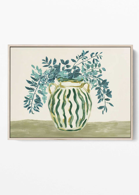 Modern floral still life illustration featuring green branches in a Greek-style urn.