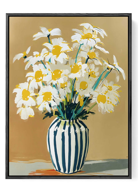 Modern floral still life painting with white daisies on an ochre background.